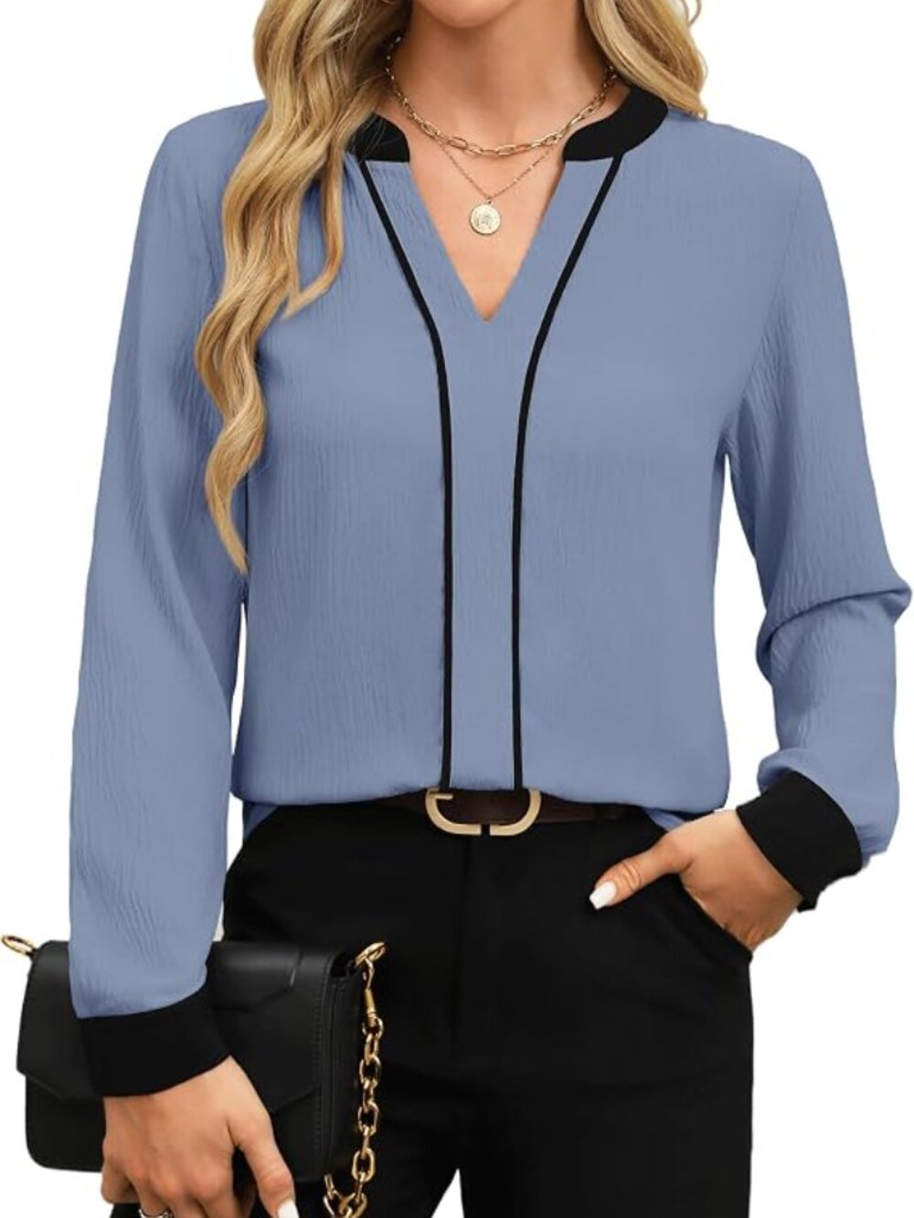 Womens Tops Dressy Casual Color Block V Neck Business Casual Outfit - LARGE
